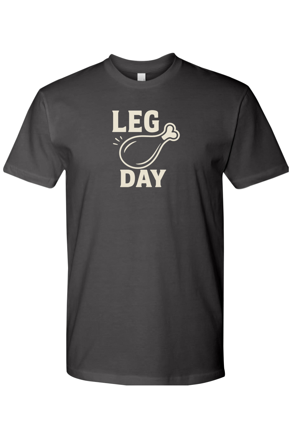 Dark grey gray Thanksgiving t-shirt with "Leg Day" text and a turkey leg design funny gym humor fall holiday short sleeve shirt