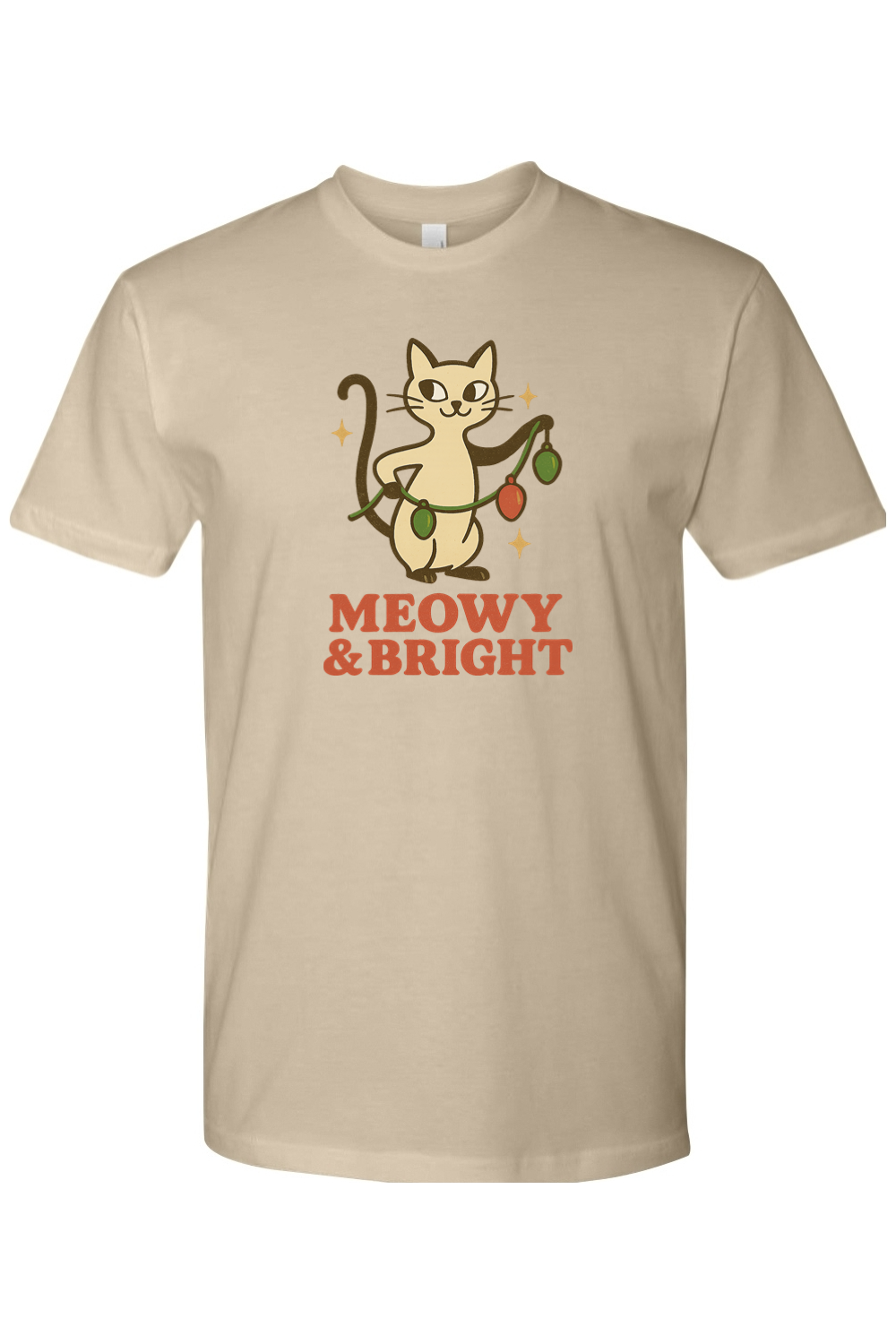 Dark beige vintage Christmas t-shirt with "Meowy & Bright" text with a cat holding a string of lights design cute funny holiday pet animal humor short sleeve shirt