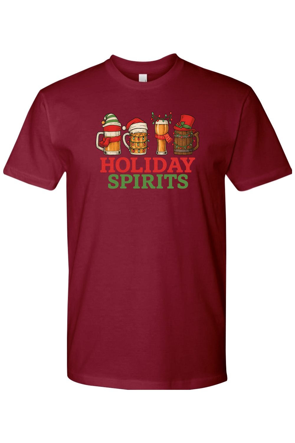Light maroon funny Christmas beer t-shirt text Holiday Spirits with beer mug design 