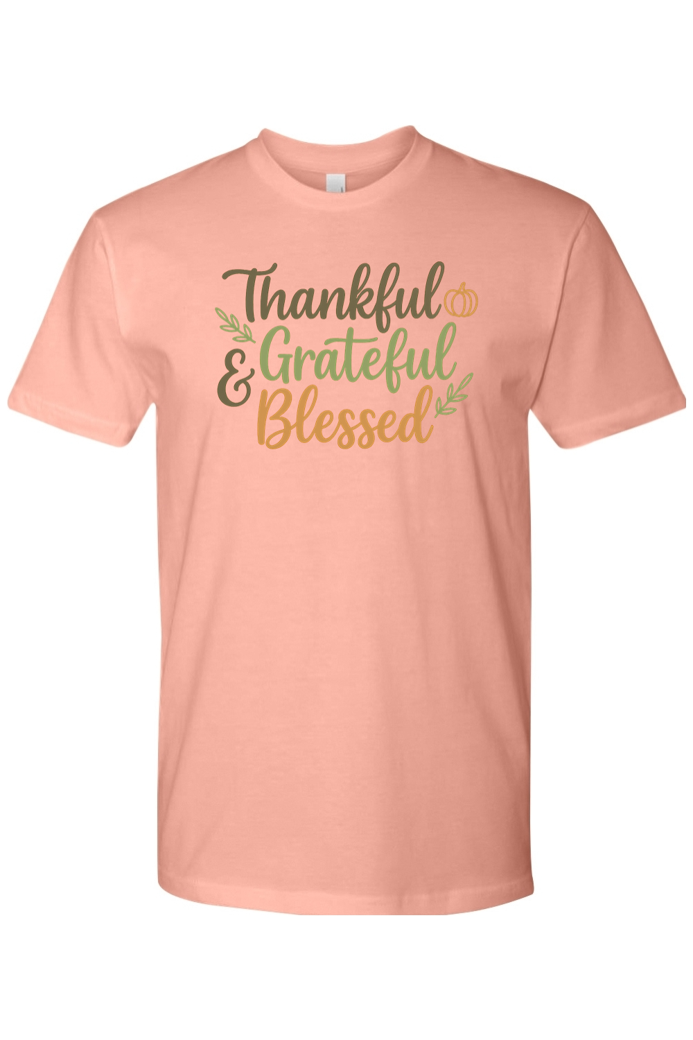 Pink Thanksgiving t-shirt with "Thankful Grateful & Blessed" text with leaves and pumpkin design cute trendy fall holiday short sleeve shirt