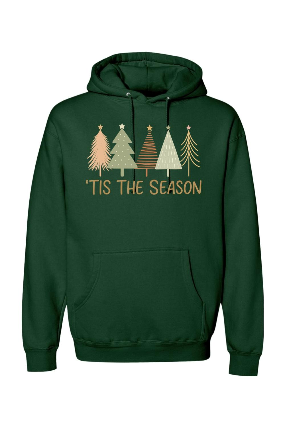 Dark green Christmas hoodie with "'Tis the Season" text and pastel colored Christmas trees design cute trendy festive holiday long sleeve hooded sweatshirt
