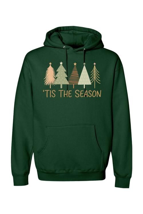 Dark green Christmas hoodie with "'Tis the Season" text and pastel colored Christmas trees design cute trendy festive holiday long sleeve hooded sweatshirt