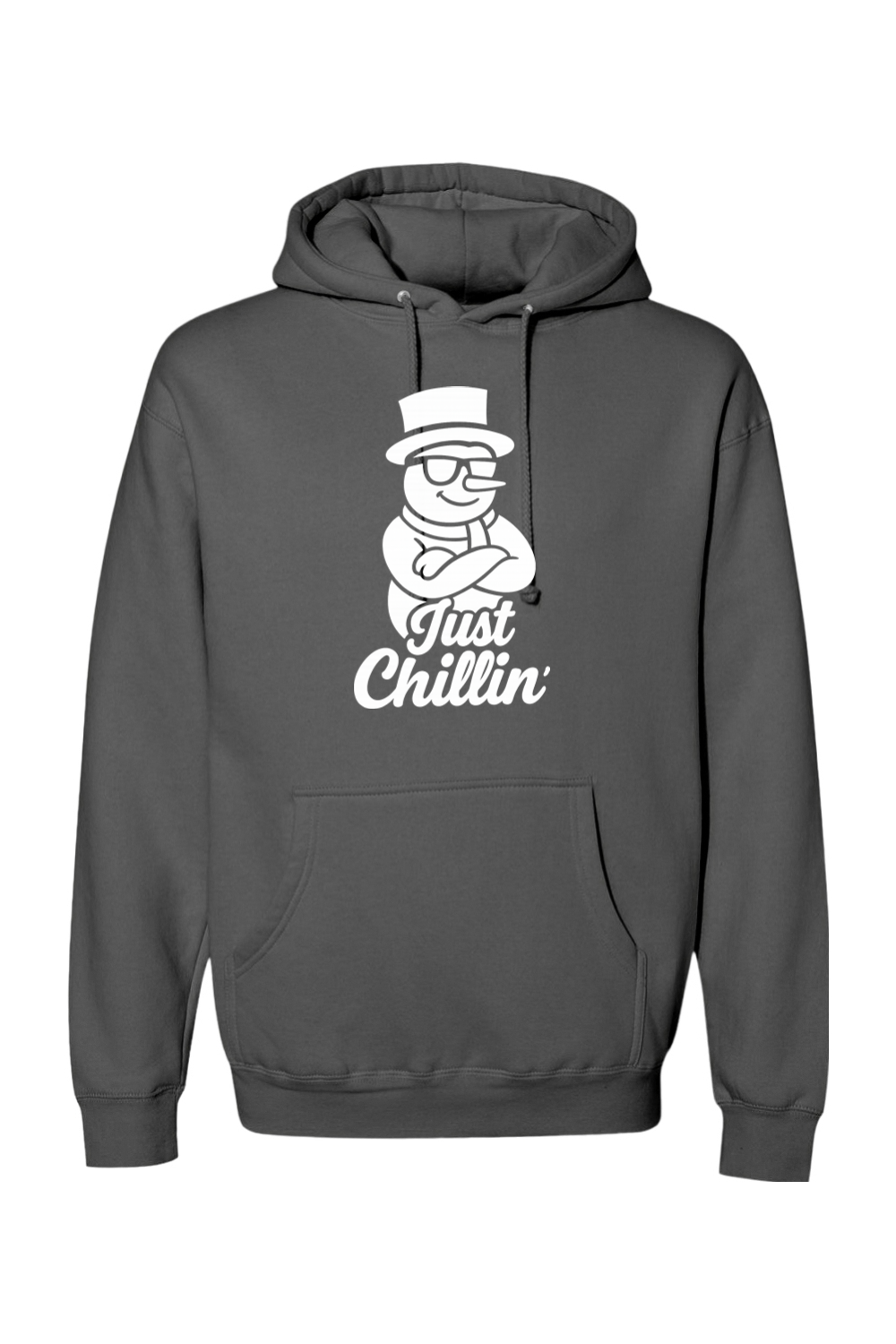 Dark gray Christmas hoodie with "Just Chillin'" text in white with a snowman wearing sunglasses and arms crossed design funny holiday humor long sleeve hooded sweatshirt