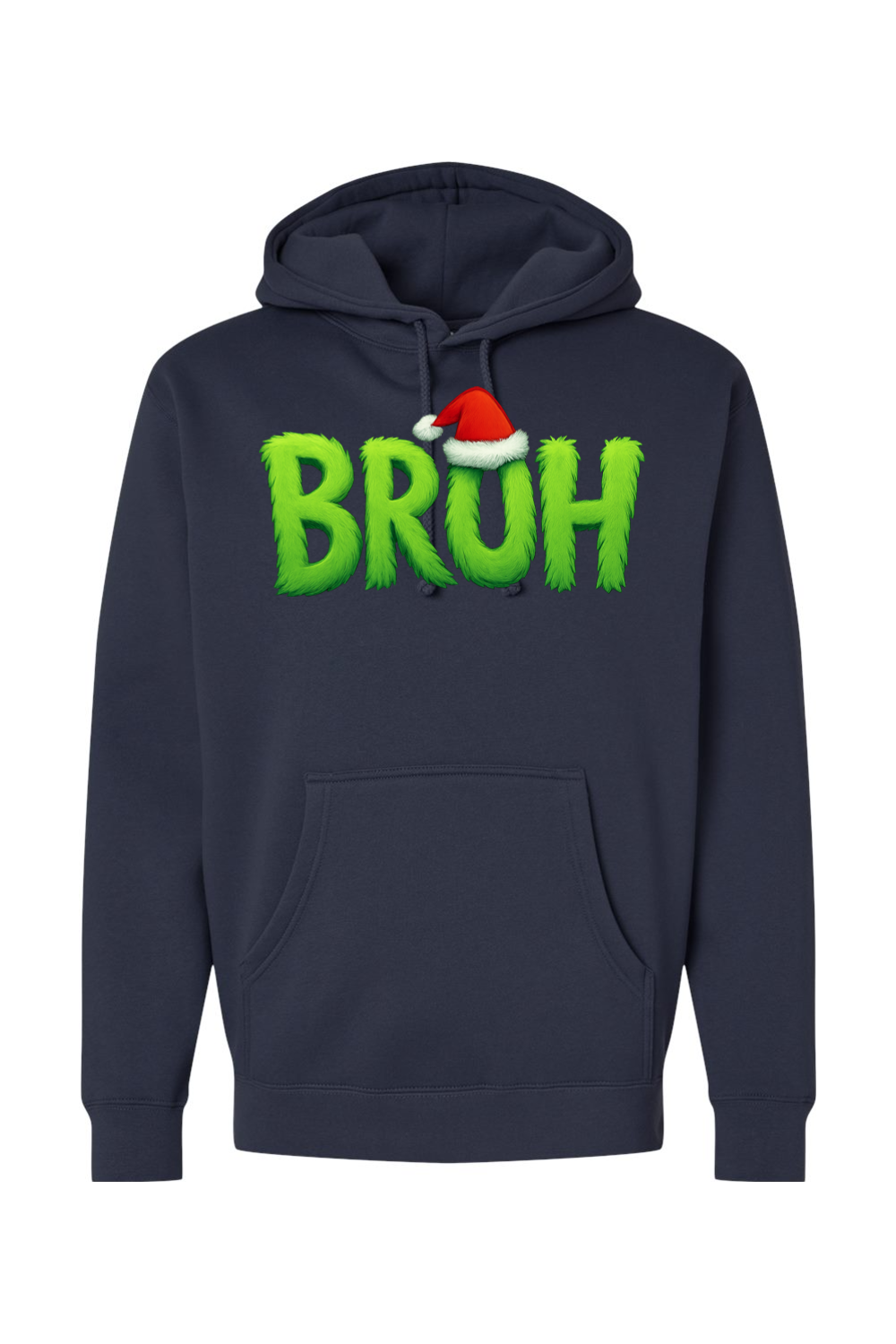 Navy blue Christmas hoodie with "BRUH" text with a Santa hat design funny holiday humor long sleeve hooded sweatshirt