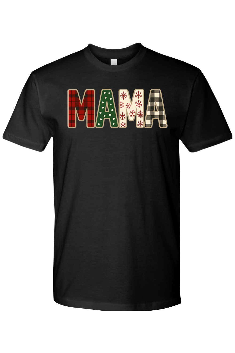 Black Christmas t-shirt with "MAMA" text with plaid, polka dots, and snowflakes pattern inside lettering cute trendy mom holiday short sleeve shirt