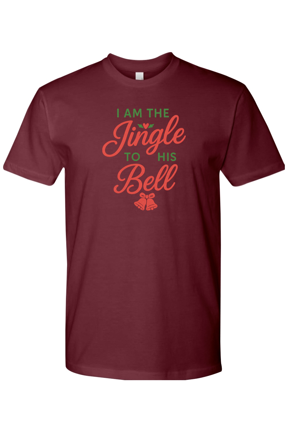Maroon Christmas t-shirt with "I am the Jingle to His Bell" text in red and green with a heart and bell design cute flirty women's festive holiday short sleeve shirt