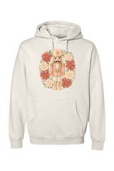 Cream Christmas hoodie with a poinsettia nutcracker wreath design trendy cute holiday long sleeve hooded sweatshirt