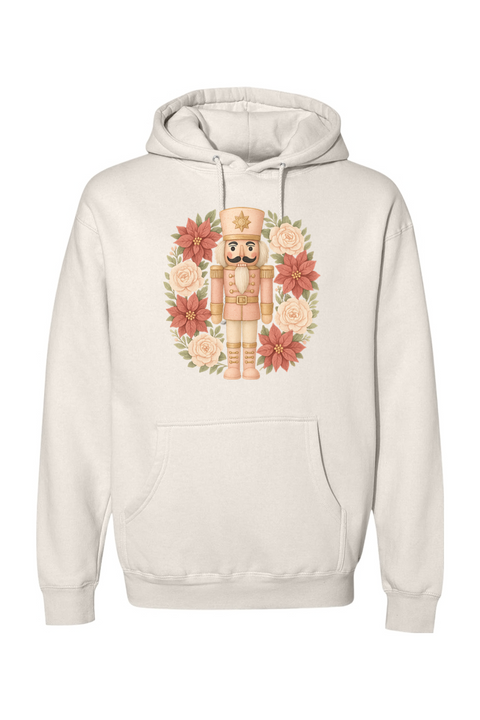 Cream Christmas hoodie with a poinsettia nutcracker wreath design trendy cute holiday long sleeve hooded sweatshirt