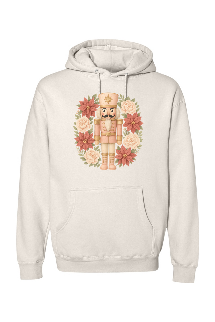 Cream Christmas hoodie with a poinsettia nutcracker wreath design trendy cute holiday long sleeve hooded sweatshirt