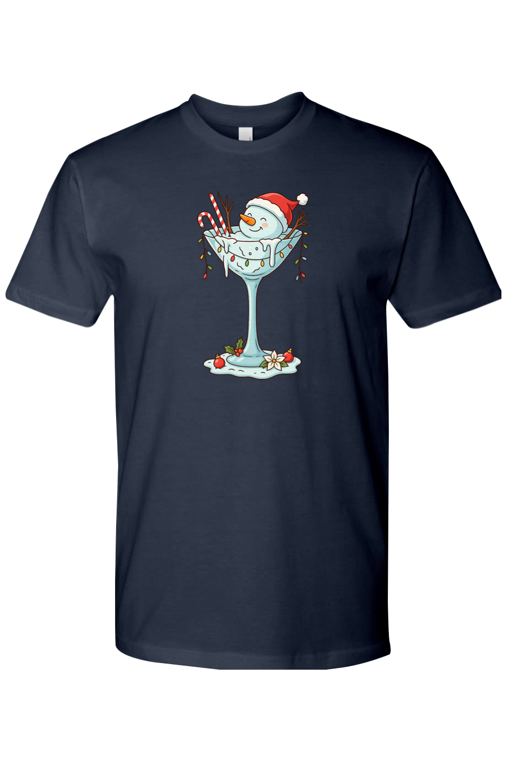 Navy blue Christmas t-shirt with a melted snowman sitting in a martini glass with candy canes, lights, and ornaments design cute festive holiday short sleeve shirt