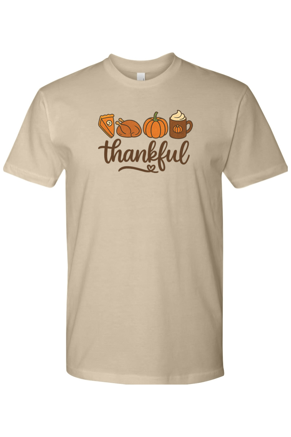 Dark beige Thanksgiving T-shirt with "Thankful" text with pumpkin pie, turkey, pumpkin, and pumpkin spice coffee design cute trendy girly fall short sleeve shirt