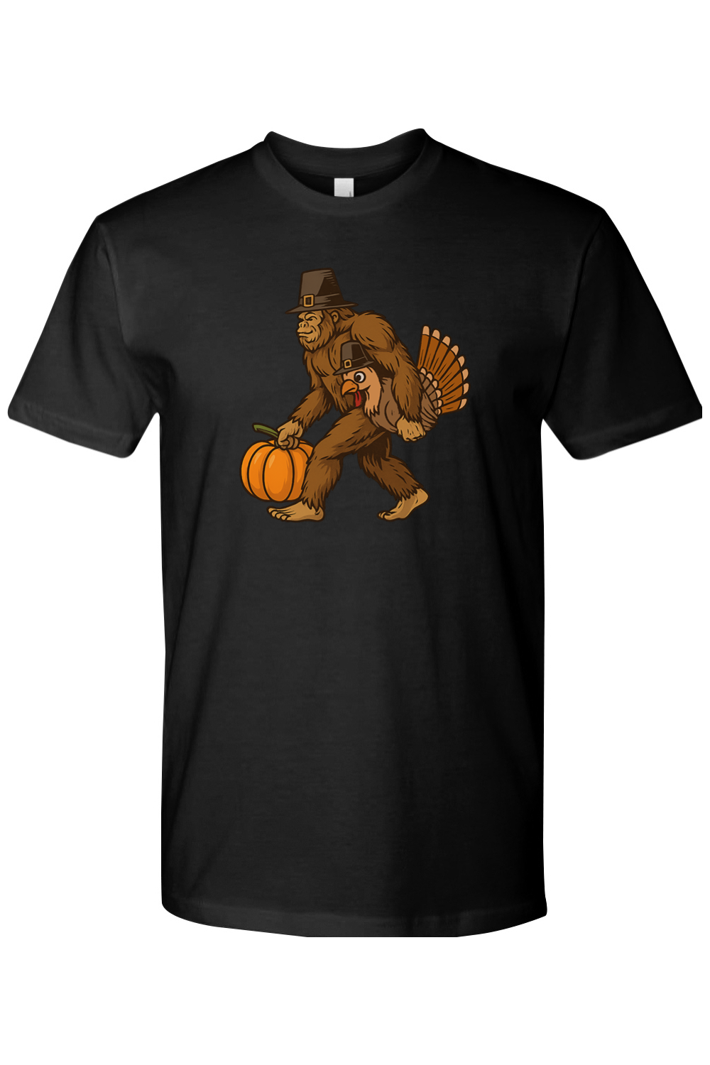 Black Thanksgiving t-shirt with bigfoot sasquatch holding a pumpkin and a turkey design funny humor fall holiday short sleeve shirt