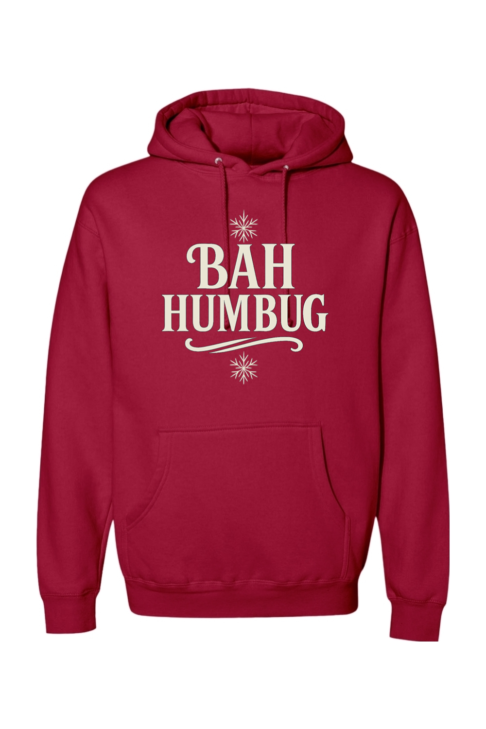 Red Christmas hoodie with "BAH HUMBUG" text and a snowflake design funny sarcastic holiday humor long sleeve hooded sweatshirt