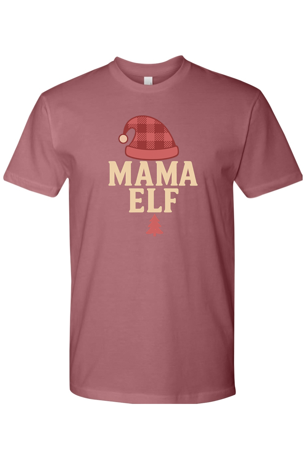 Dark pink Christmas t-shirt with "Mama Elf" text and a plaid elf hat design and pine tree women's cute trendy holiday short sleeve shirt