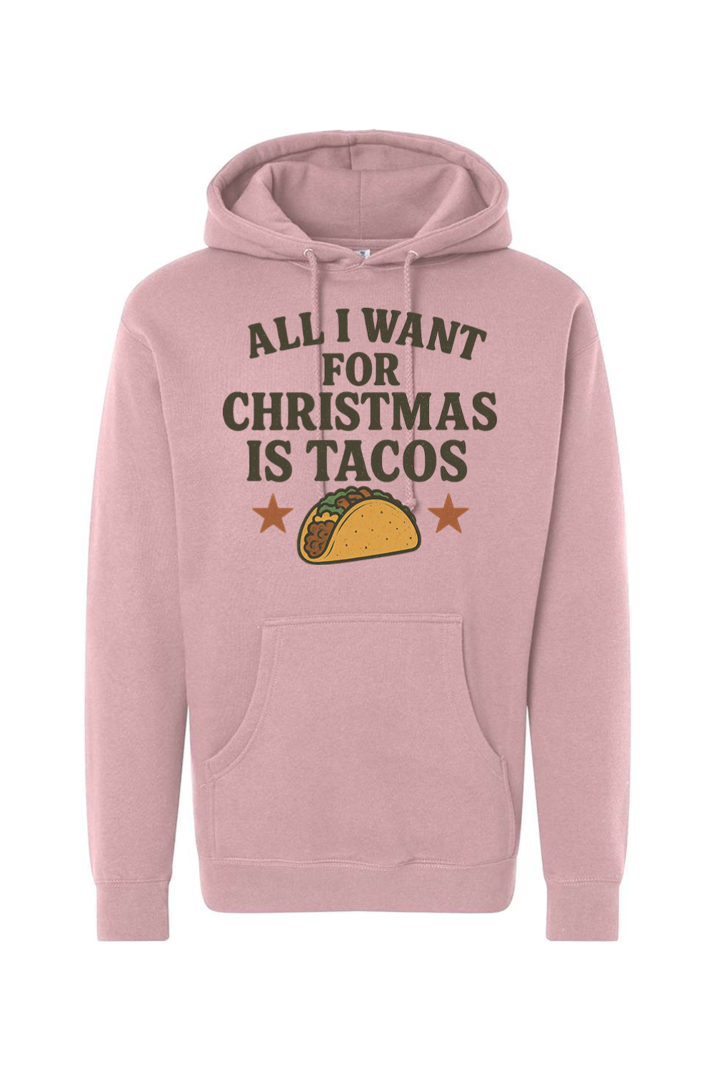 Pink Christmas hoodie with "All I Want for Christmas is Tacos" text with taco and stars design funny humor festive holiday long sleeve hooded sweatshirt