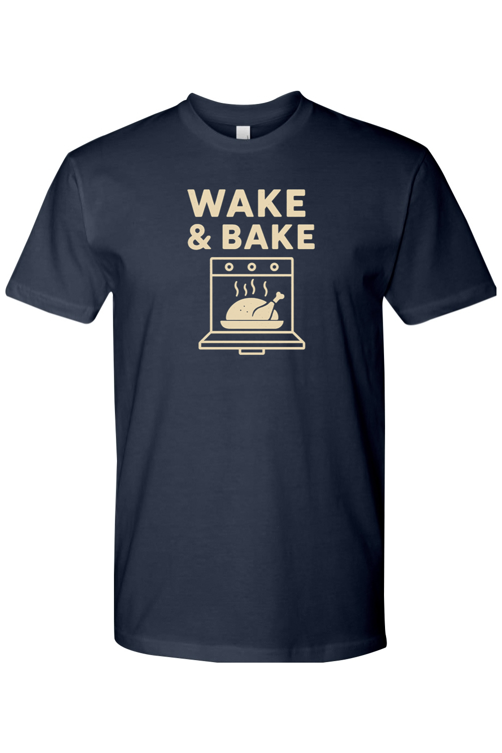Navy blue Thanksgiving t-shirt with "Wake & Bake" text and a turkey in an oven design funny sarcastic humor holiday fall short sleeve shirt