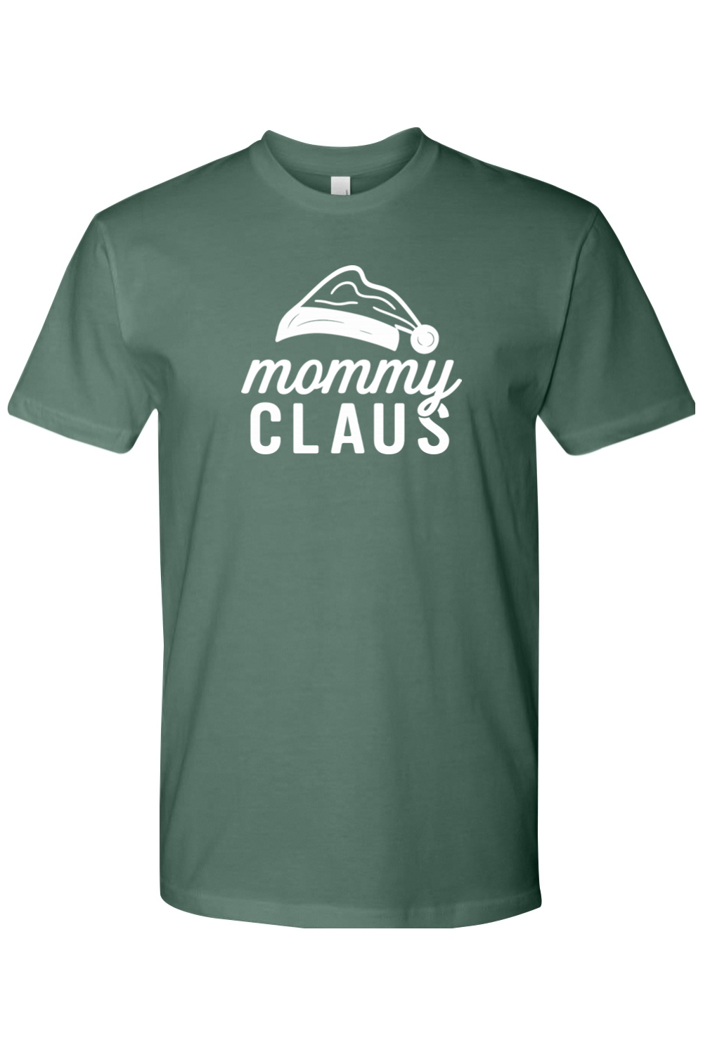 Pine green Christmas t-shirt with "mommy claus" text and a Santa hat design cute funny trendy mom holiday short sleeve shirt