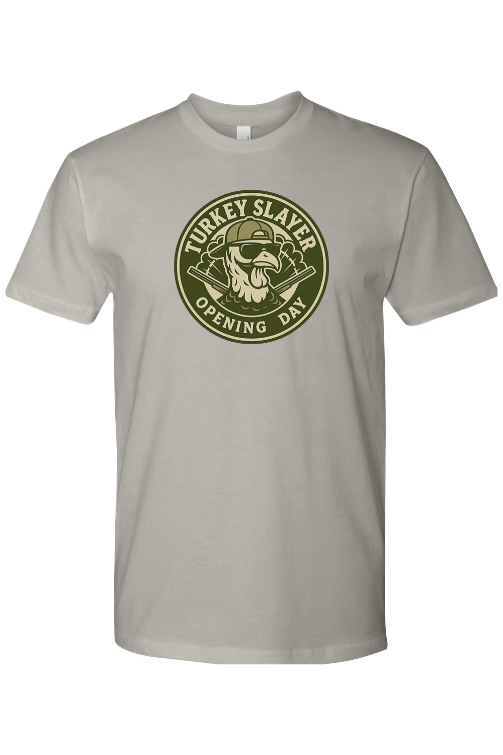 Gray grey Thanksgiving t-shirt with "Turkey Slayer Opening Day" text with a turkey badge design funny hunting fall short sleeve shirt