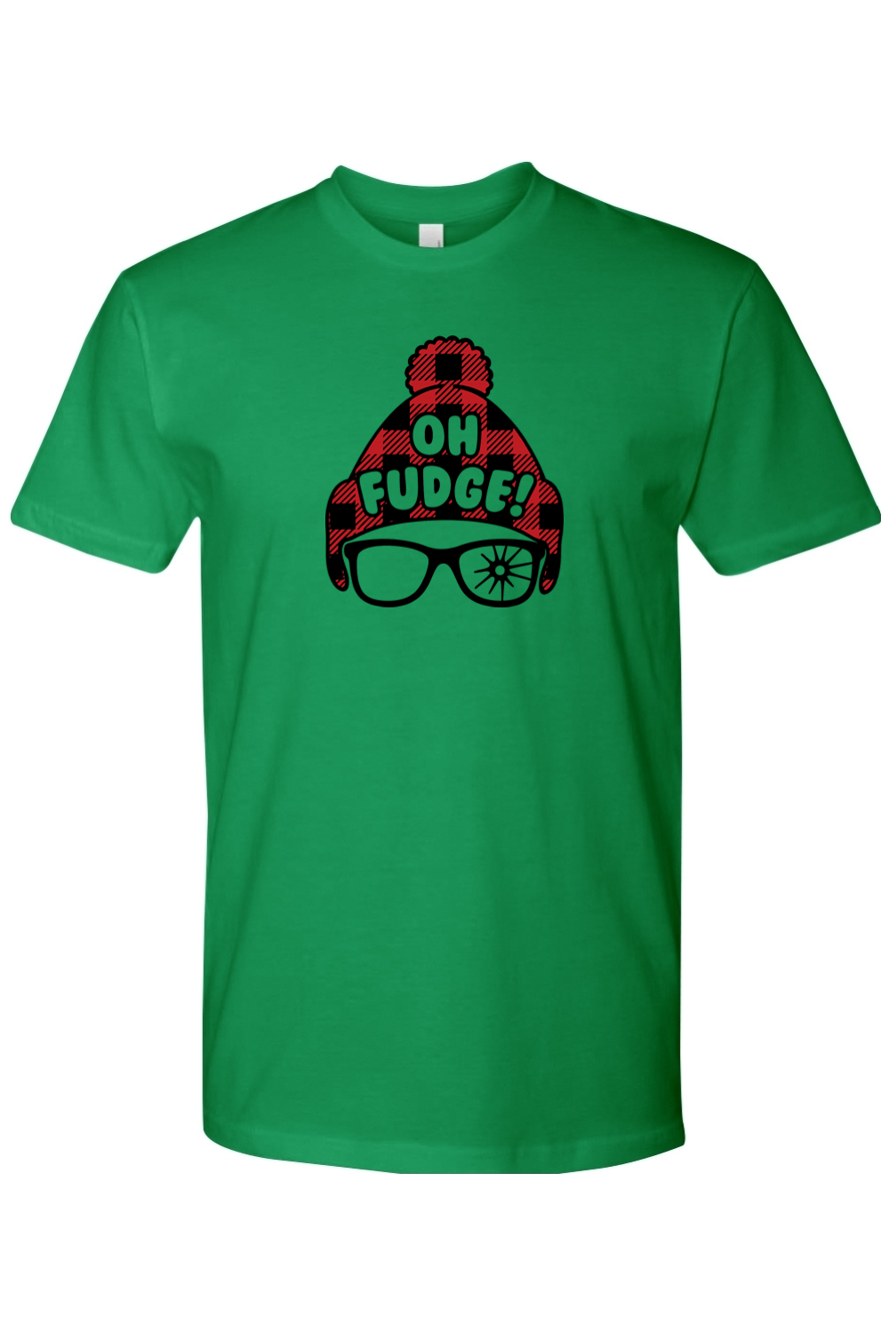 Green Christmas t-shirt with "Oh Fudge!" text and a plaid hat and broken glasses design funny holiday humor short sleeve shirt