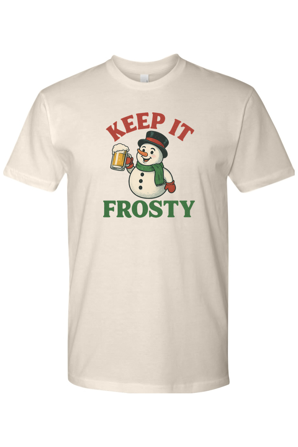 Cream Christmas T-shirt with "Keep It Frosty" text with a snowman holding a  beer mug funny holiday humor short sleeve shirt