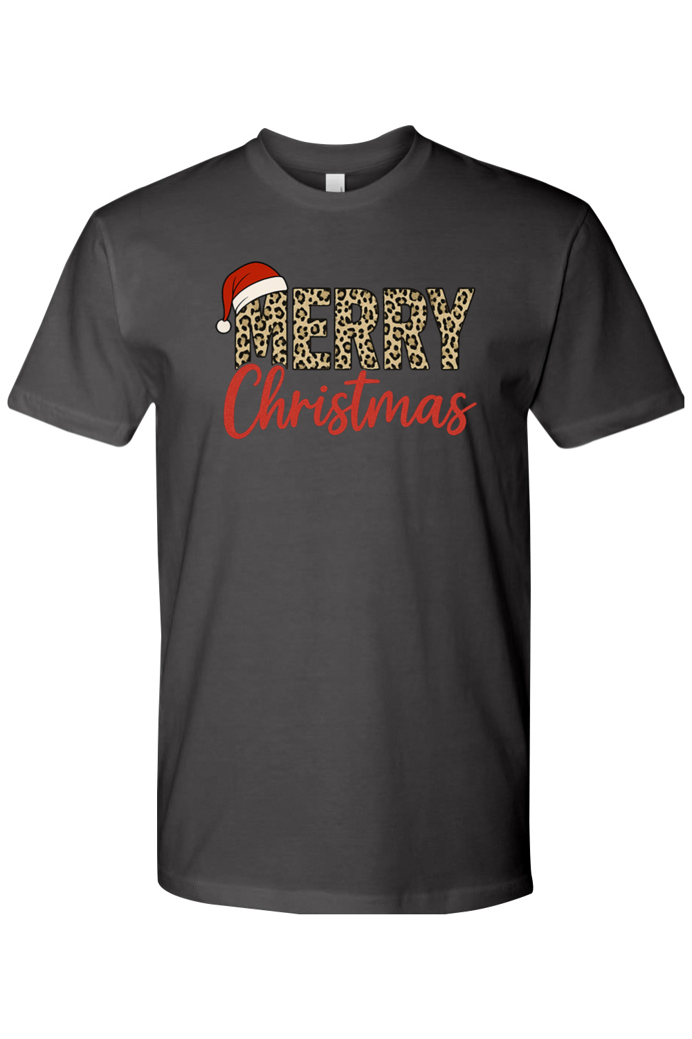Dark grey gray Christmas t-shirt with "Merry Christmas" text in leopard print and red with a Santa hat design cute trendy festive holiday short sleeve shirt
