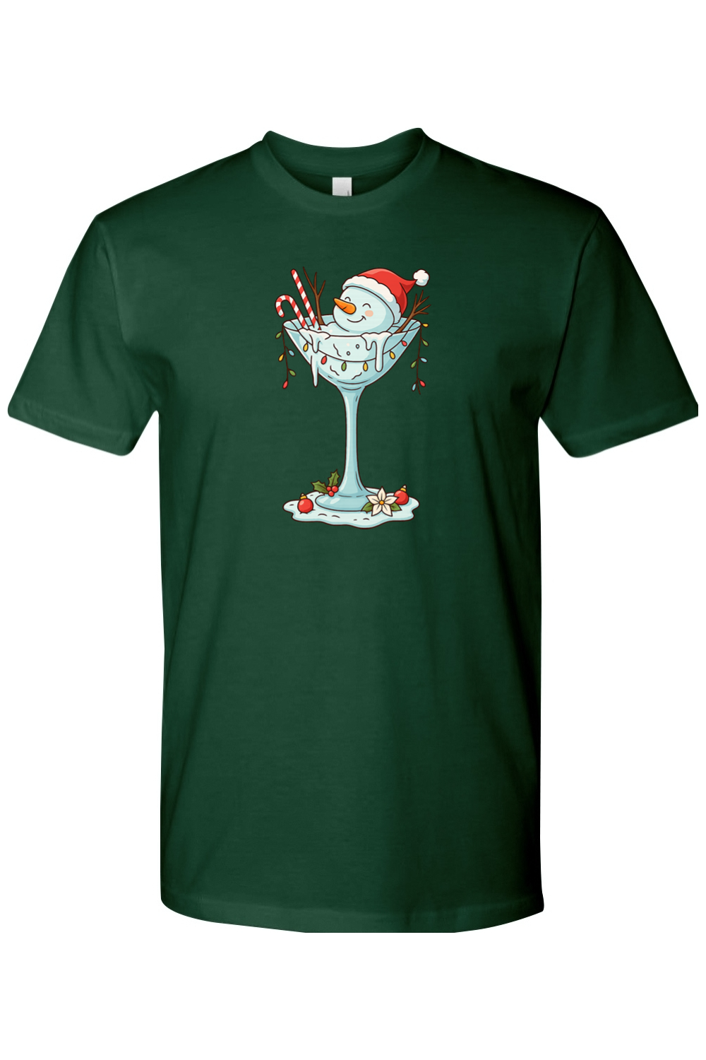 Dark green Christmas t-shirt with a melted snowman sitting in a martini glass with candy canes, lights, and ornaments design cute festive holiday short sleeve shirt