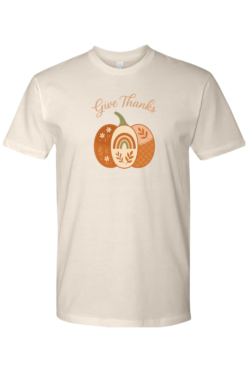 Cream beige Thanksgiving t-shirt with "Give Thanks" text and a patchwork floral leaves rainbow pumpkin design cute vintage trendy fall holiday short sleeve shirt