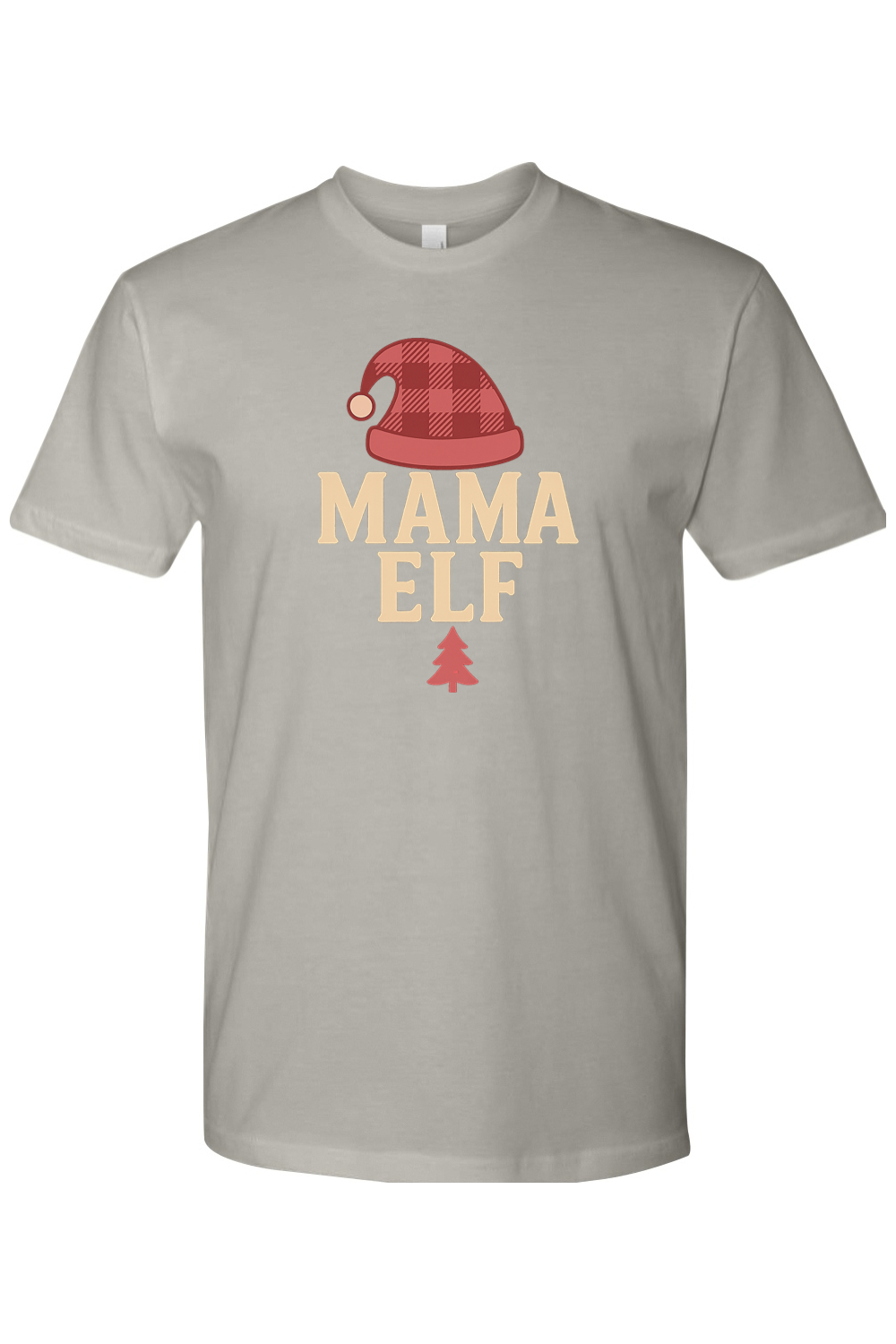 Gray Christmas t-shirt with "Mama Elf" text and a plaid elf hat design and pine tree women's cute trendy holiday short sleeve shirt