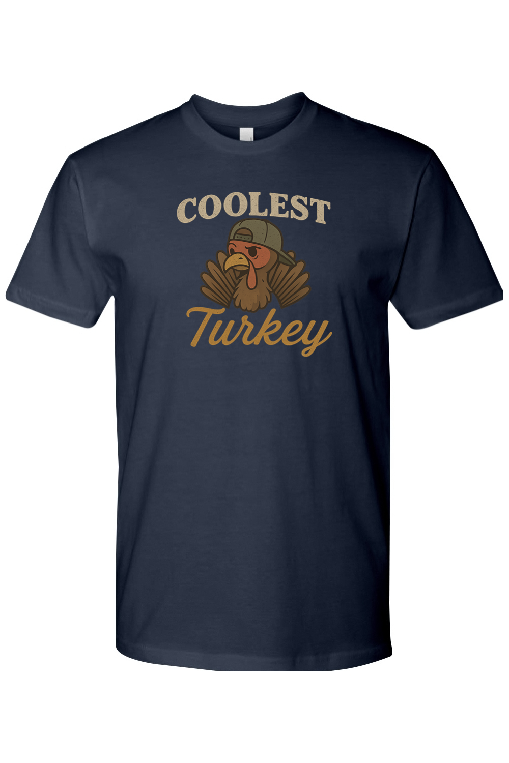 Navy blue Thanksgiving t-shirt with "Coolest Turkey" text with a turkey in a backwards hat design cool funny fall holiday short sleeve shirt