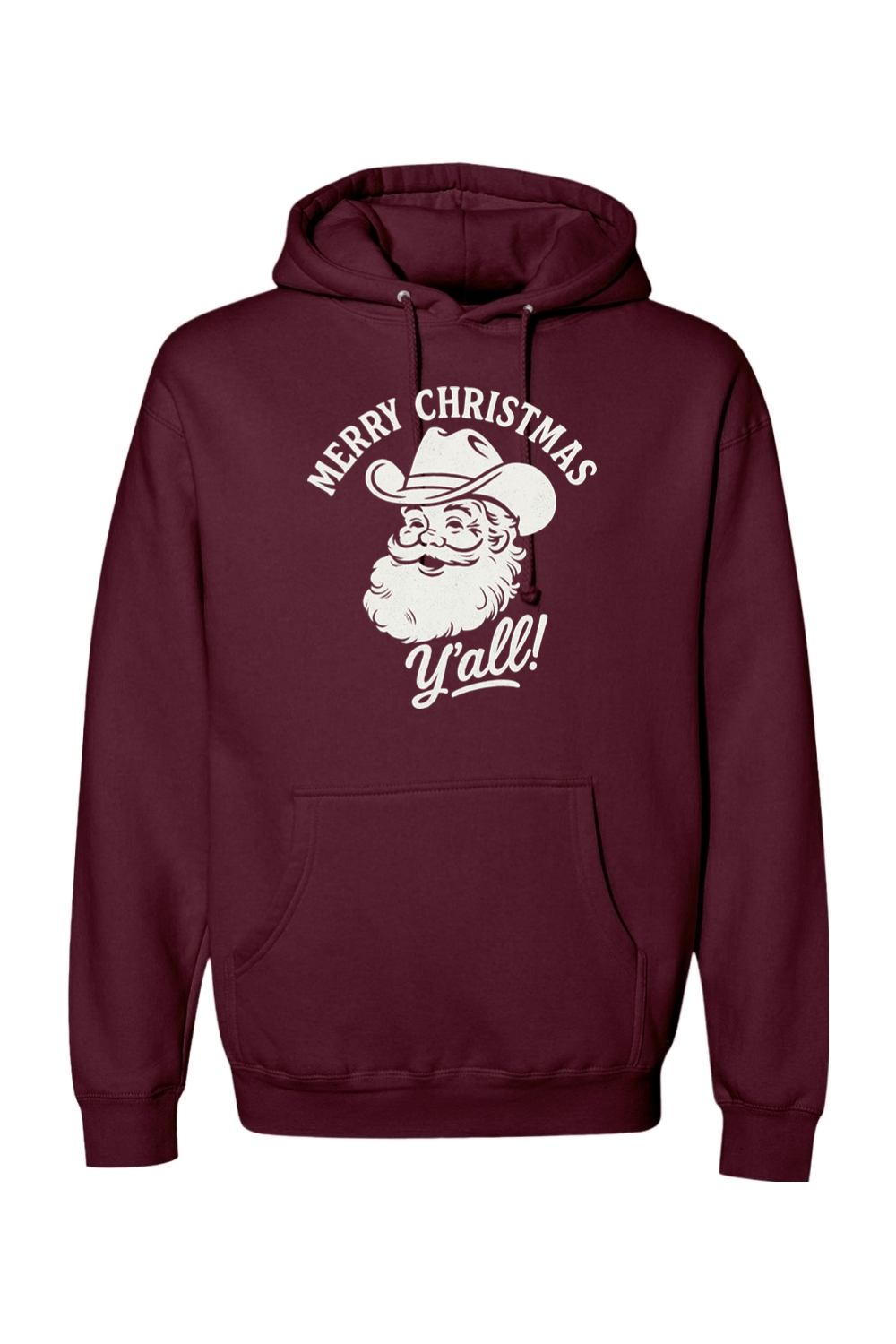 Maroon Christmas hoodie with "Merry Christmas Y'all!" text in white with Santa wearing a cowboy hat design funny western holiday long sleeve hooded sweatshirt