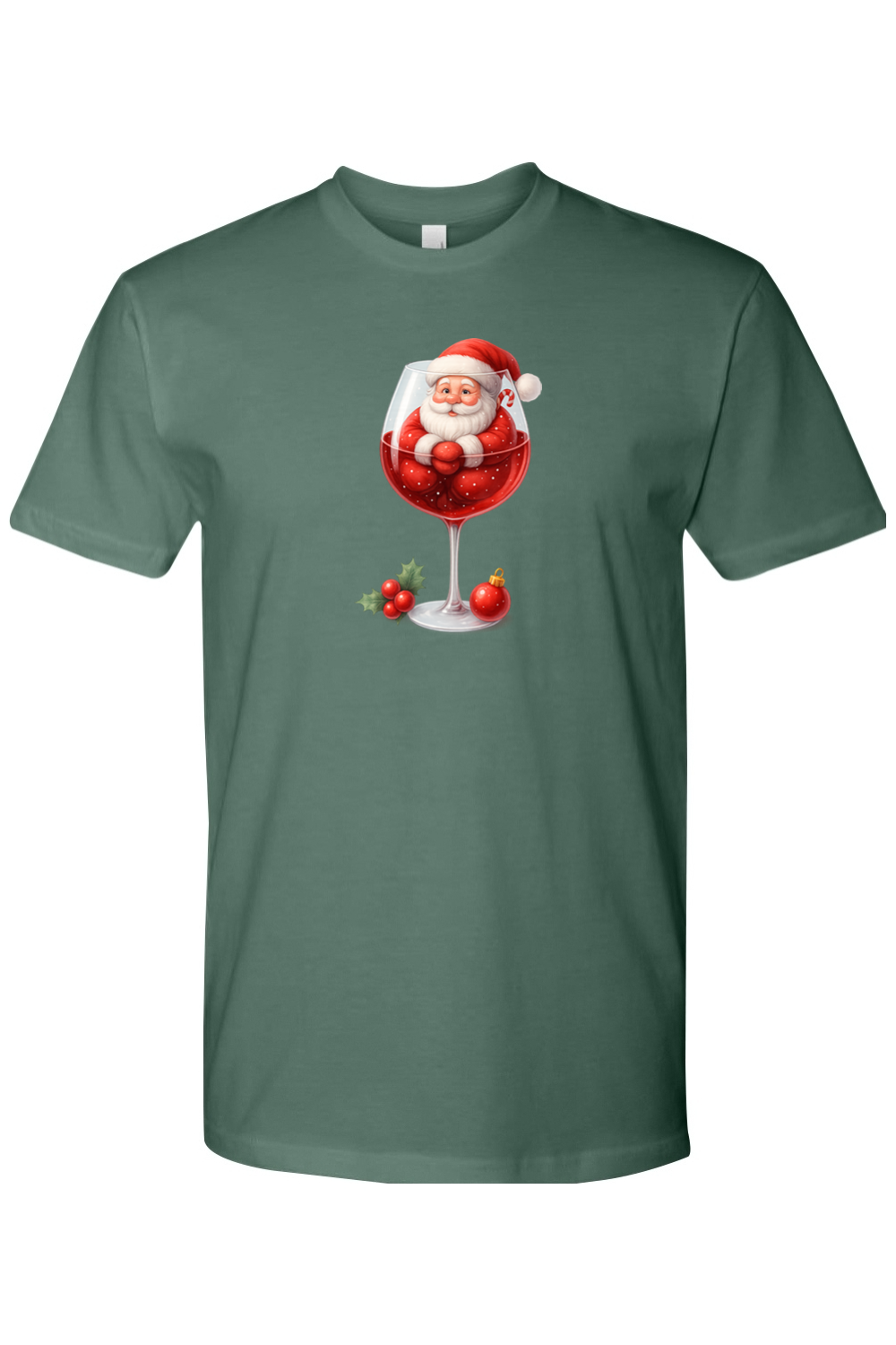 Pine green Christmas t-shirt with Santa sitting in a wine glass with a holly and ornament design cute festive holiday short sleeve shirt