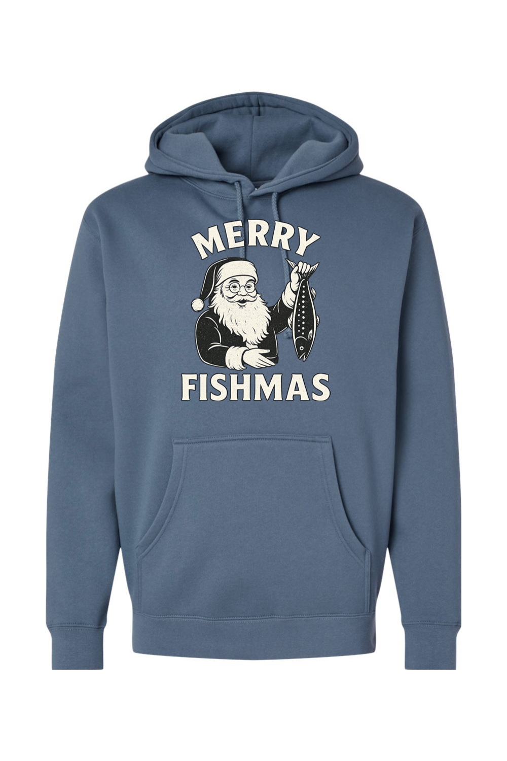 Blue Christmas hoodie with "Merry Fishmas" text with Santa holding a fish design funny fishing holiday festive long sleeve hooded sweatshirt