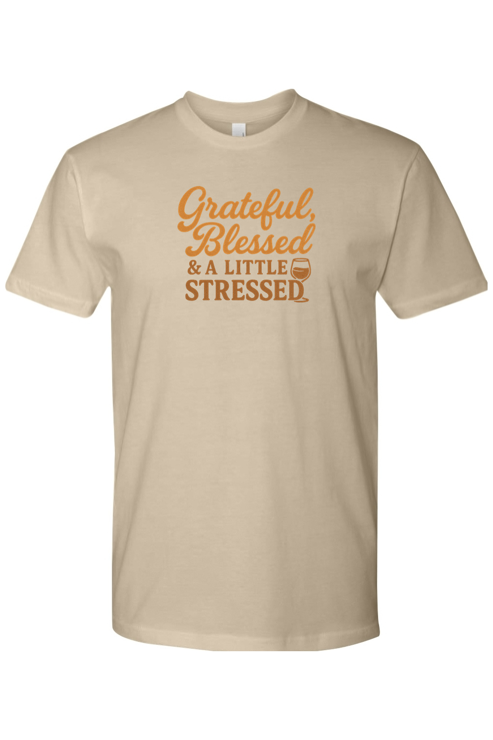 Dark beige Thanksgiving t-shirt with "Grateful, Blessed, & A Little Stressed" text with a wine glass design funny trendy fall holiday short sleeve shirt