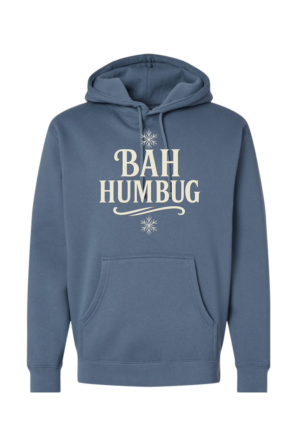Blue Christmas hoodie with "BAH HUMBUG" text and a snowflake design funny sarcastic holiday humor long sleeve hooded sweatshirt