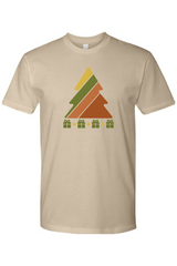 Dark beige vintage Christmas t-shirt with a retro striped Christmas tree and presents underneath design cool trendy holiday short sleeve shirt