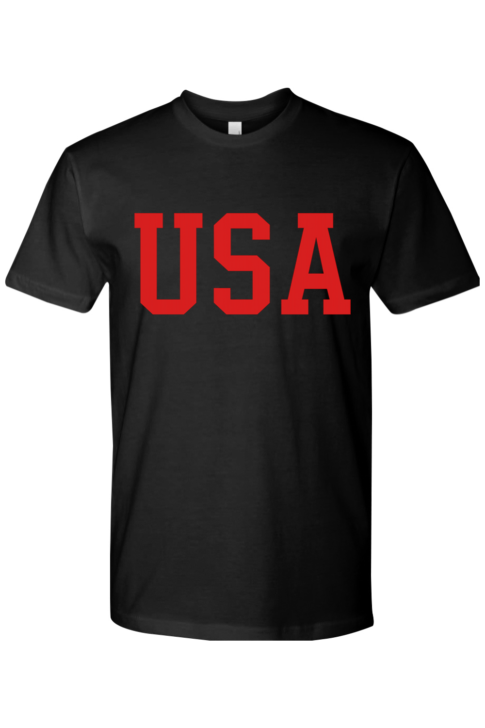 Black t-shirt with 'USA' printed in red.