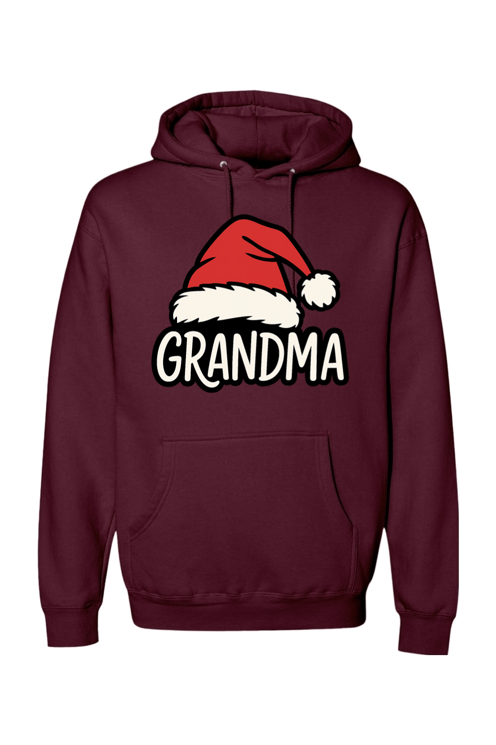 Maroon Christmas hoodie with "Grandma" text under a Santa hat cute grandparent grandmother long sleeve hooded sweatshirt