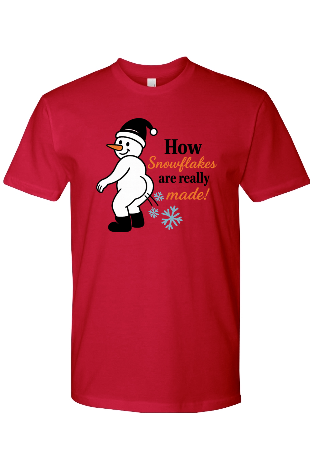 Red Christmas t-shirt with "How Snowflakes Are Really Made" text with a snowman blowing snowflakes out of his rear end funny sarcastic holiday humor short sleeve shirt