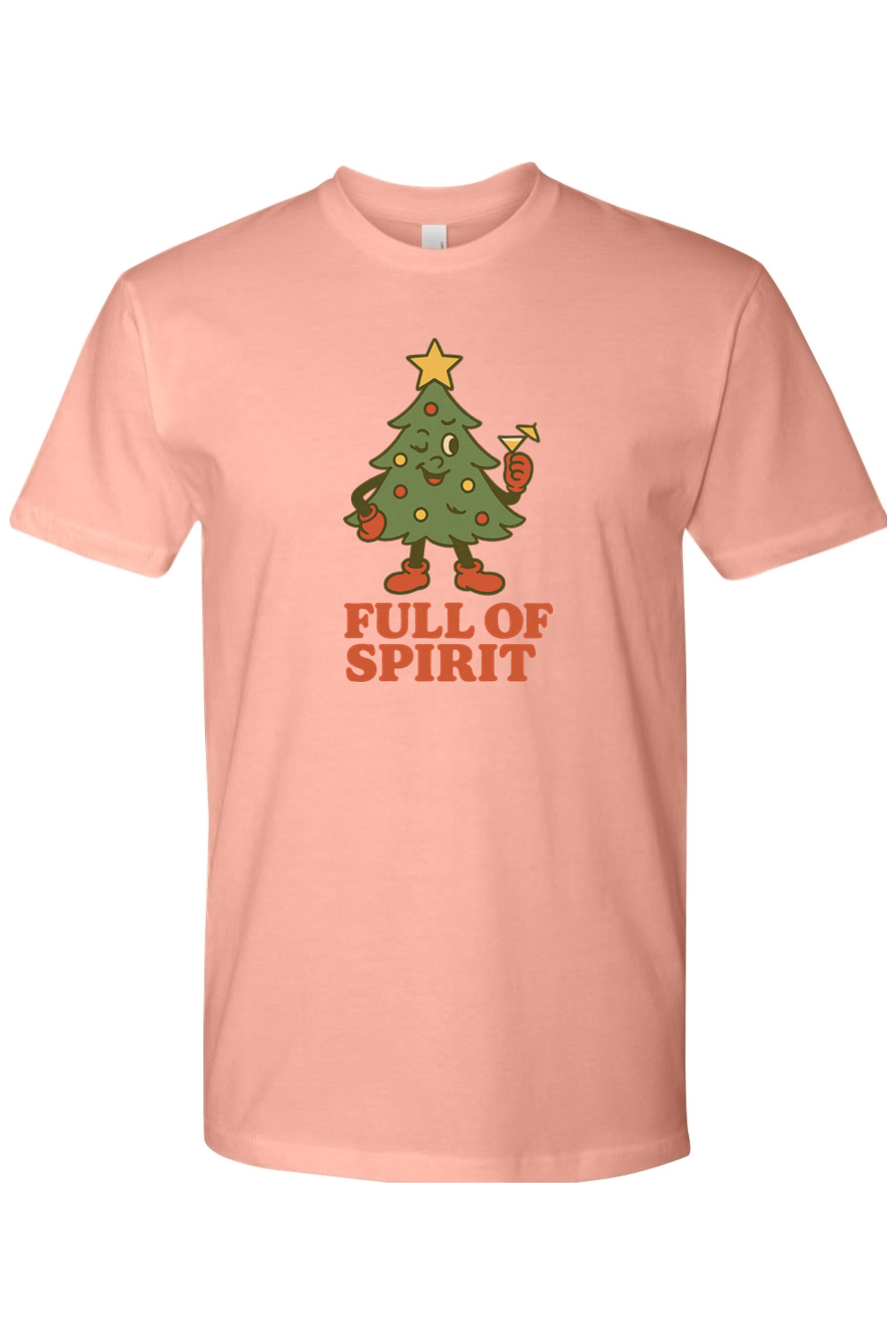 Pink vintage Christmas t-shirt with "Full of Spirit" text with a Christmas tree holding a cocktail funny cute holiday humor short sleeve shirt