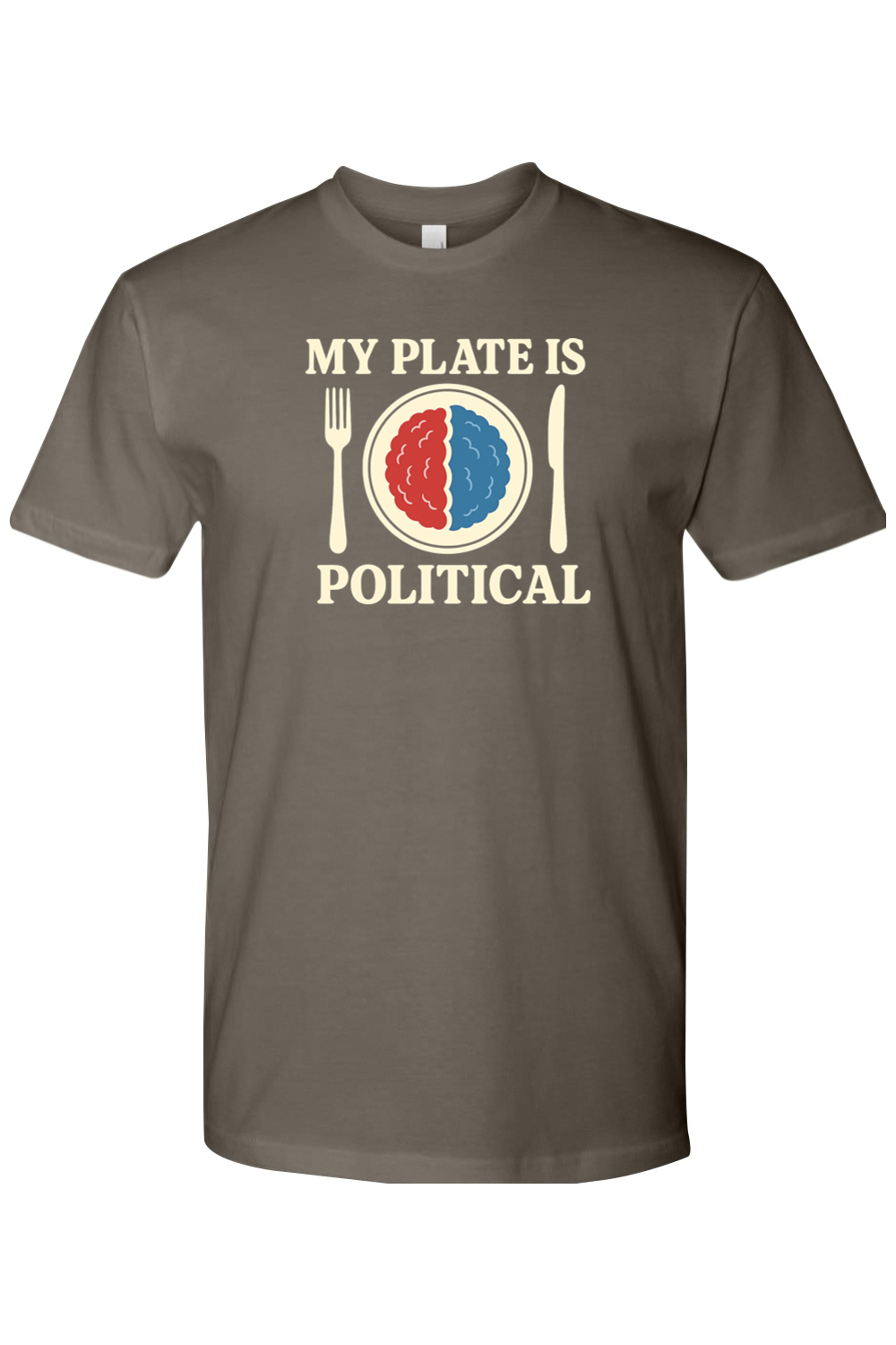 Grey gray Thanksgiving t-shirt with "My Plate is Political" text and a plate with red and blue mashed potatoes, fork, and knife design sarcastic funny political fall holiday short sleeve shirt