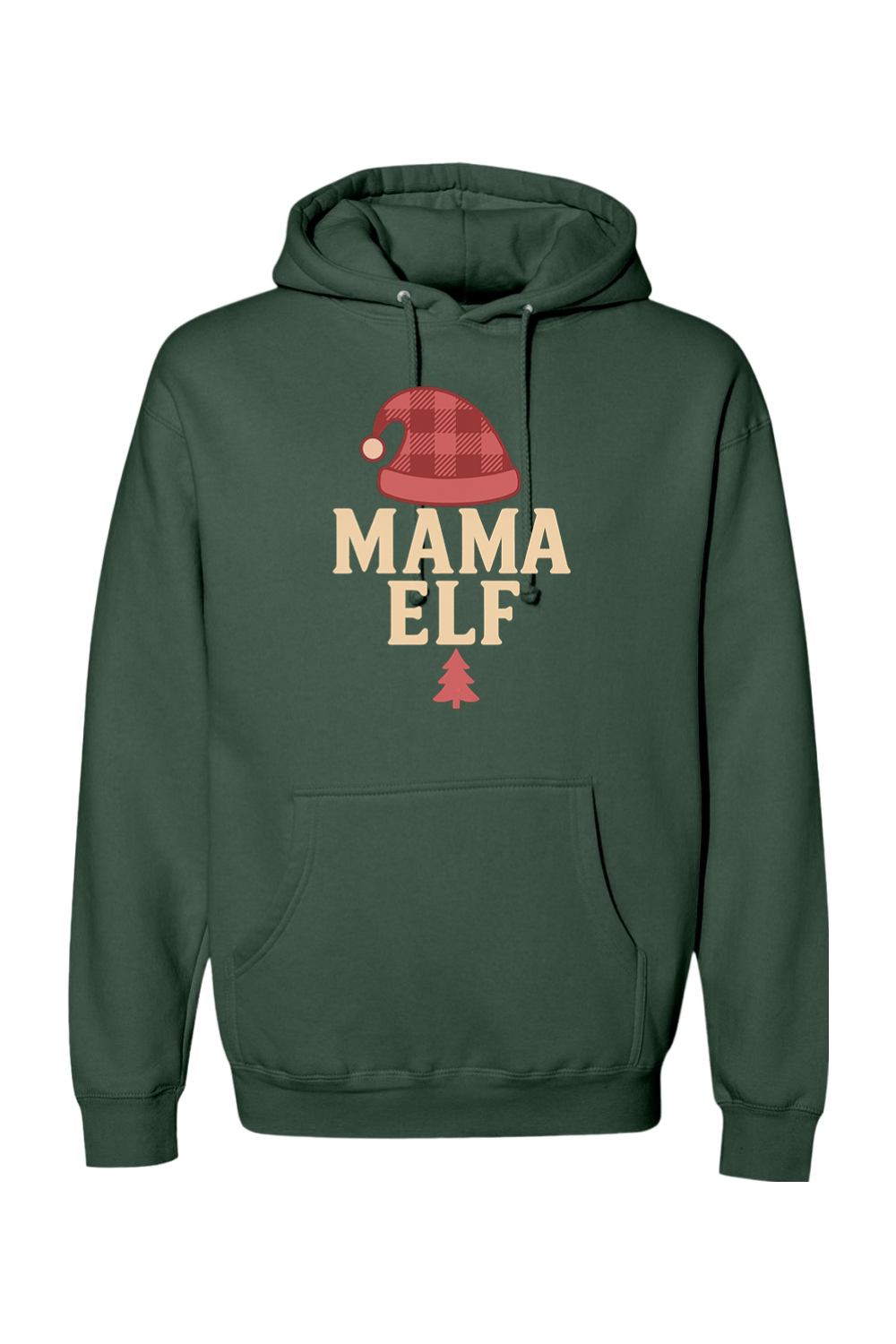 Pine green Christmas hoodie with "Mama Elf" text with an elf hat and pine tree design cute trendy women's long sleeve hooded sweatshirt