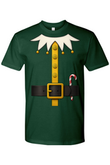 Dark green Christmas t-shirt with an elf costume design funny festive holiday short sleeve shirt