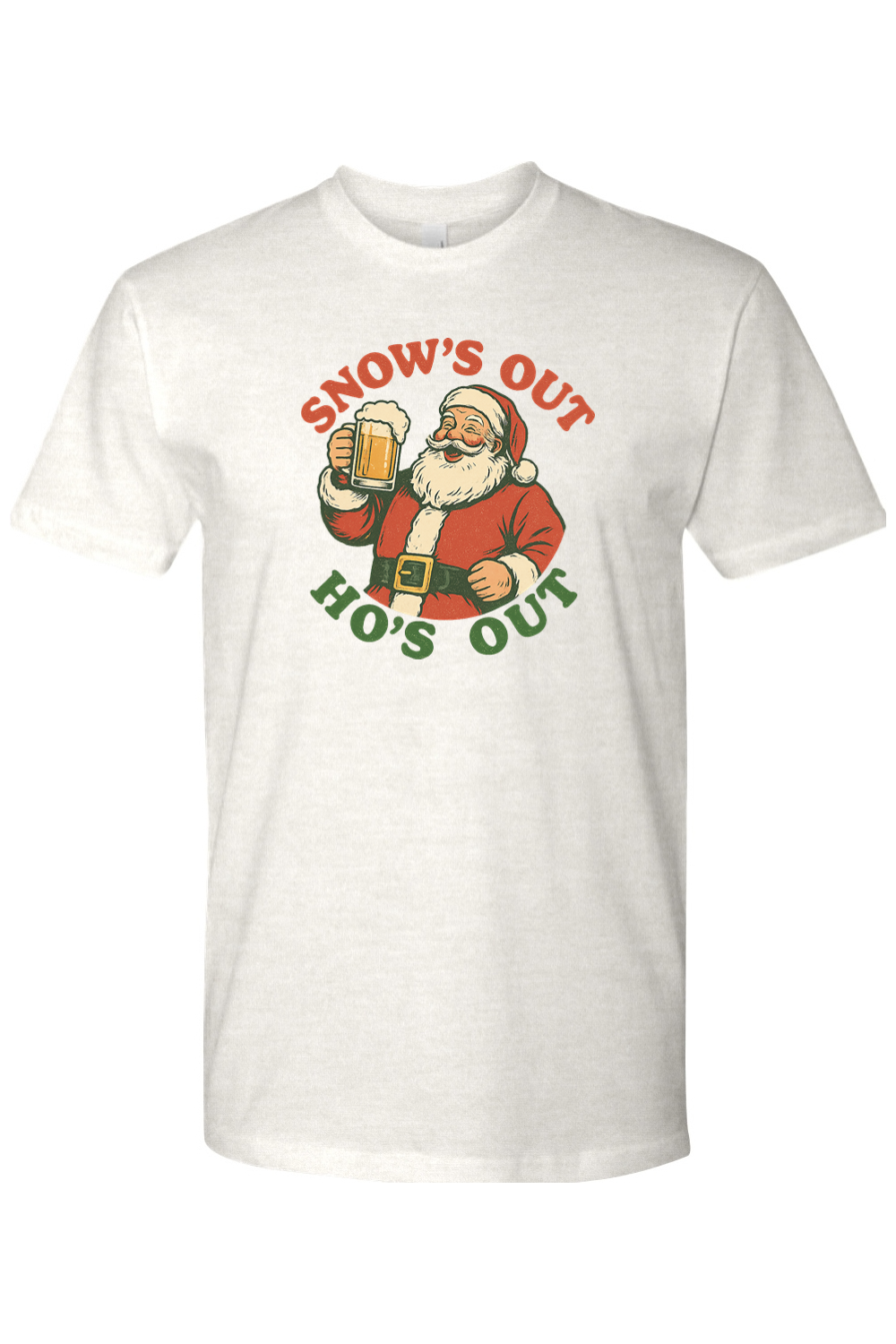 Light cream Christmas t-shirt with "Snow's Out Ho's Out" text with Santa holding a beer mug design funny holiday humor short sleeve shirt