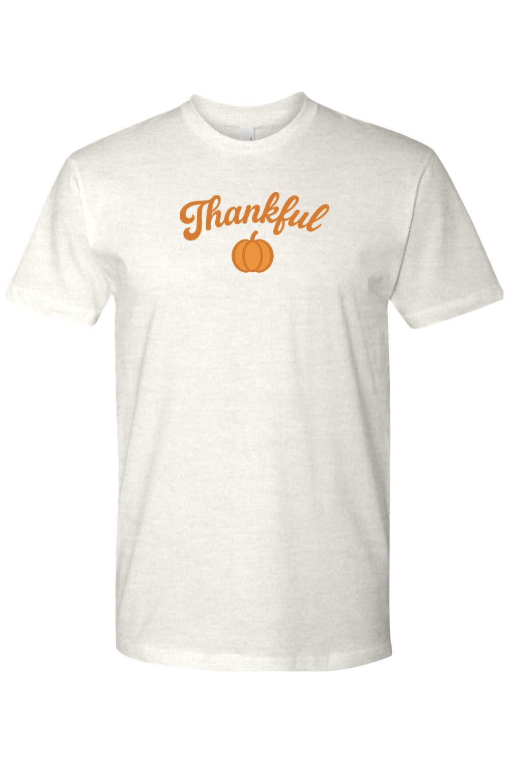 Light cream Thanksgiving t-shirt with "Thankful" text and a pumpkin design simple cute trendy fall holiday short sleeve shirt