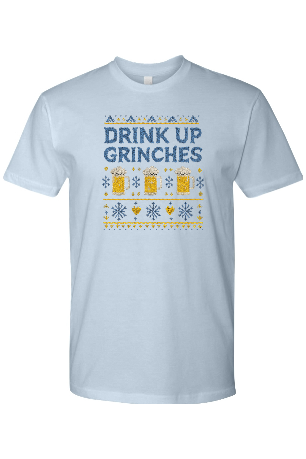 Light blue Christmas t-shirt with "Drink Up Grinches" text with sweater pattern look with beer and snowflakes design funny holiday humor short sleeve shirt