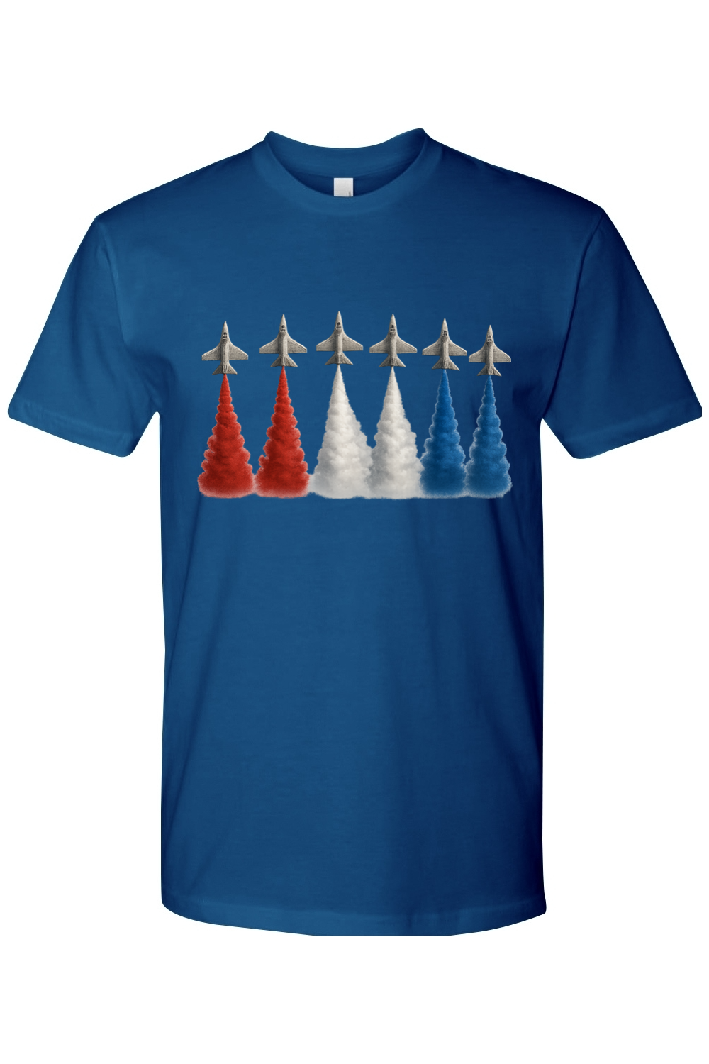 Blue t-shirt with Jets leaving red, white, and blue contrails.