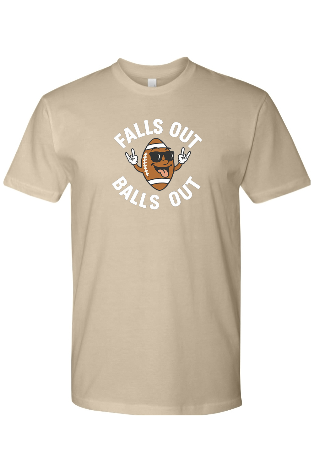 Dark beige Thanksgiving t-shirt with "Falls Out Balls Out" text in white with a football in sunglasses sticking out his tongue and hands in the rock pose design funny fall humor holiday short sleeve shirt