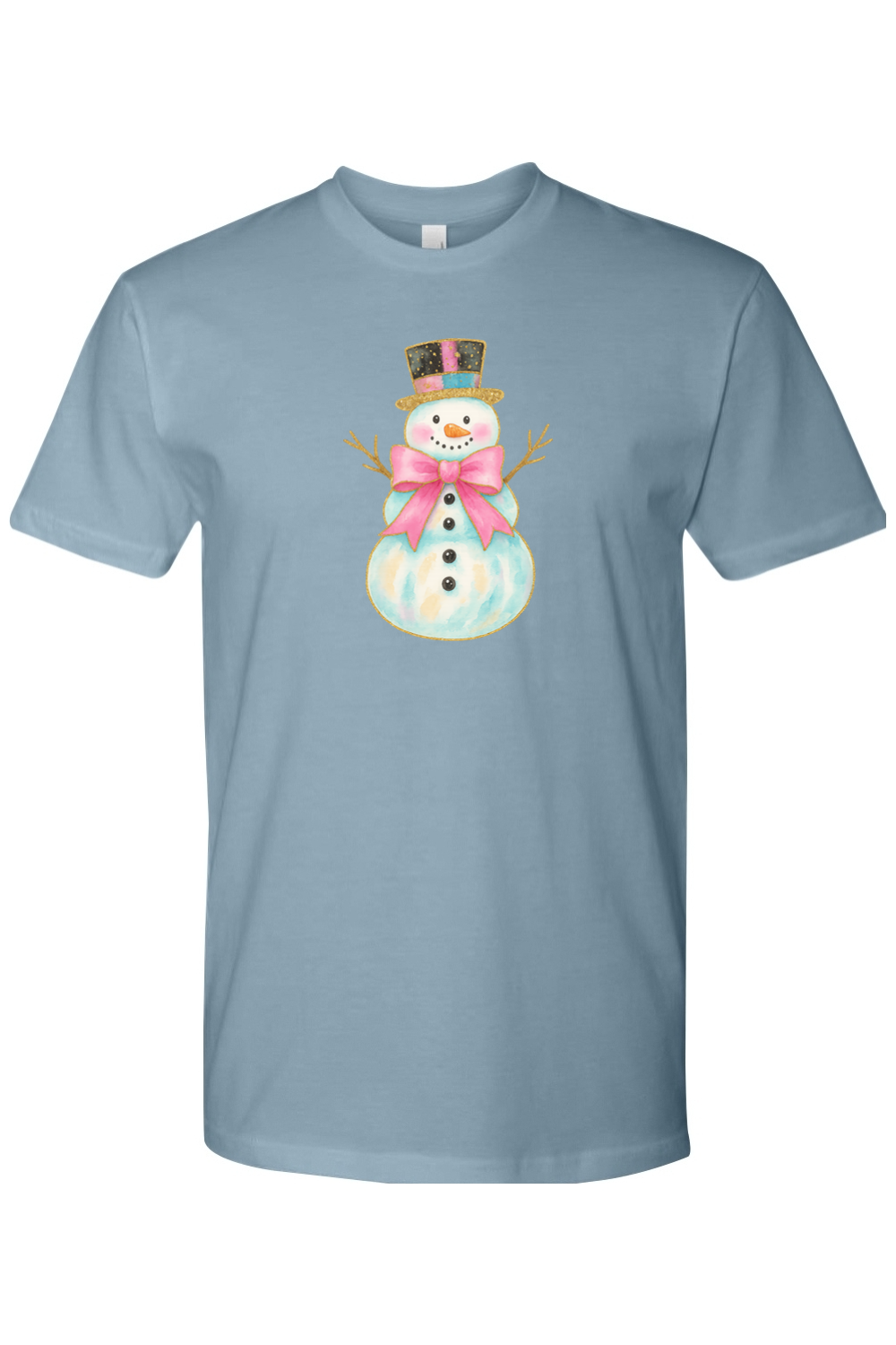 Blue Christmas t-shirt with a watercolor snowman in a pink bow and top hat design cute girly festive holiday short sleeve shirt