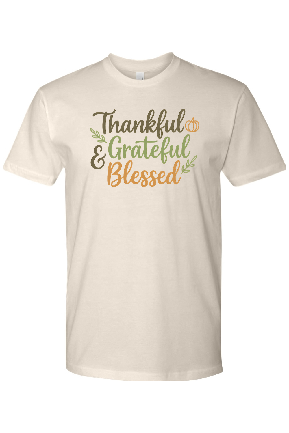 Cream beige Thanksgiving t-shirt with "Thankful Grateful & Blessed" text with leaves and pumpkin design cute trendy fall holiday short sleeve shirt