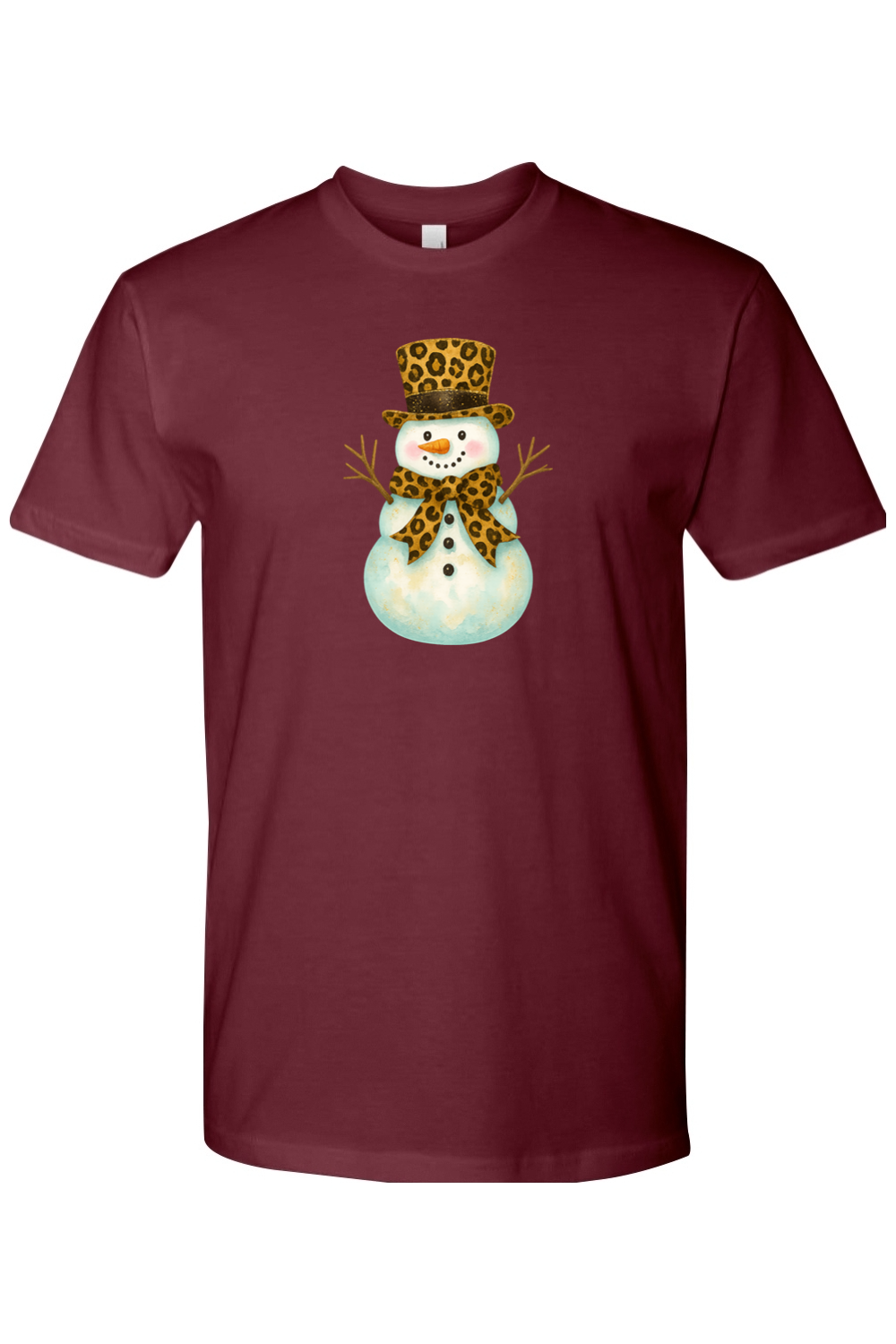 Maroon Christmas shirt with a snowman in a leopard print bow and leopard print top hat design cute girly festive holiday short sleeve shirt